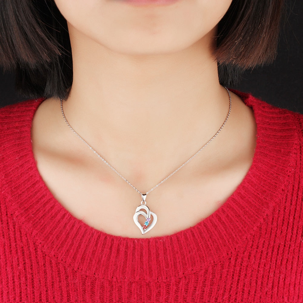 925 Sterling Silver Mothers Necklace with 3 Birthstones Romantic Name Heart Pendants - MERGE.DAY.1.FREESTYLE