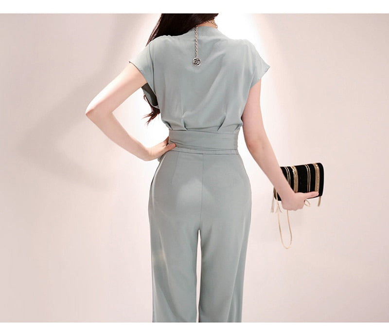 2 Pieces Set Women V-neck Lace Up Tops & High Waist Wide Leg Pants OL Style - MERGE.DAY.1.FREESTYLE