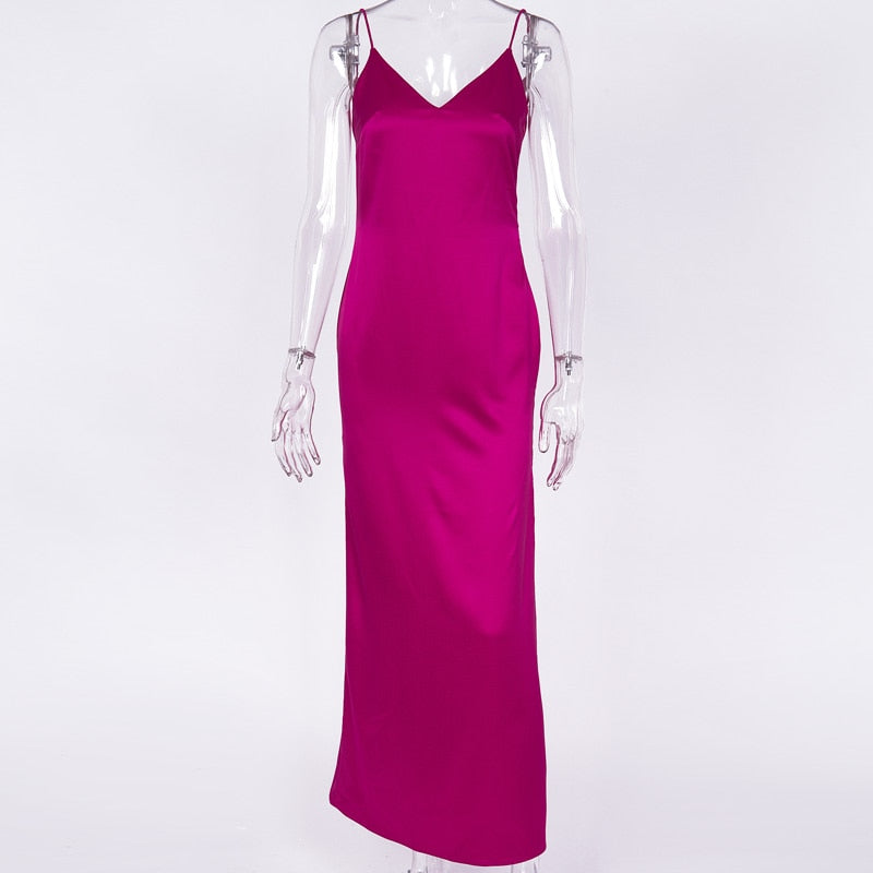 Satin V Neck Maxi Dress Women Spaghetti Strap Sleeveless Backless Side Split Long Dresses Lady Vestido - MERGE.DAY.1.FREESTYLE