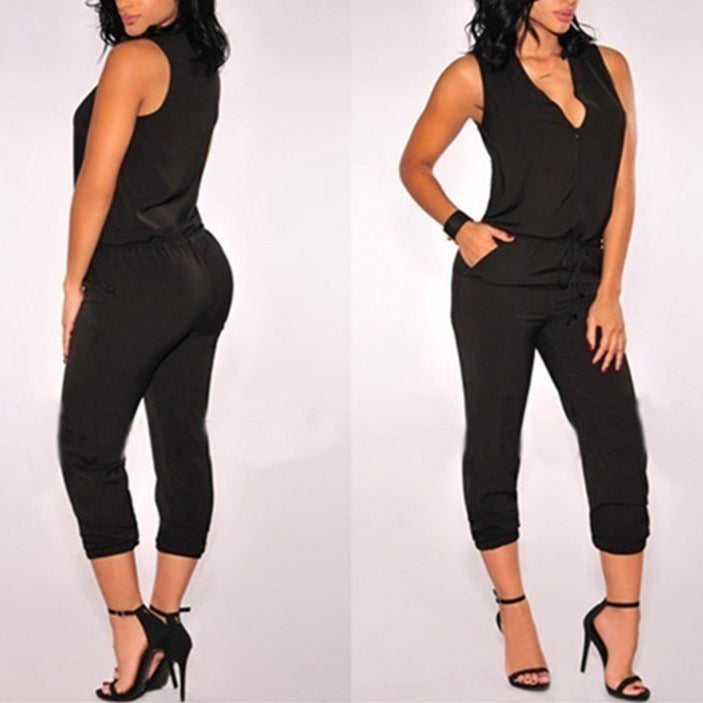 Summer Sexy V Neck Jumpsuit Long Pants Solid Rompers Women's Sleeveless One Piece Bodysuit - MERGE.DAY.1.FREESTYLE