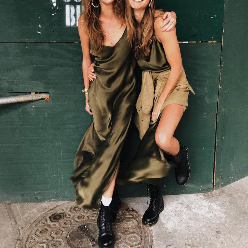 Satin V Neck Maxi Dress Women Spaghetti Strap Sleeveless Backless Side Split Long Dresses Lady Vestido - MERGE.DAY.1.FREESTYLE