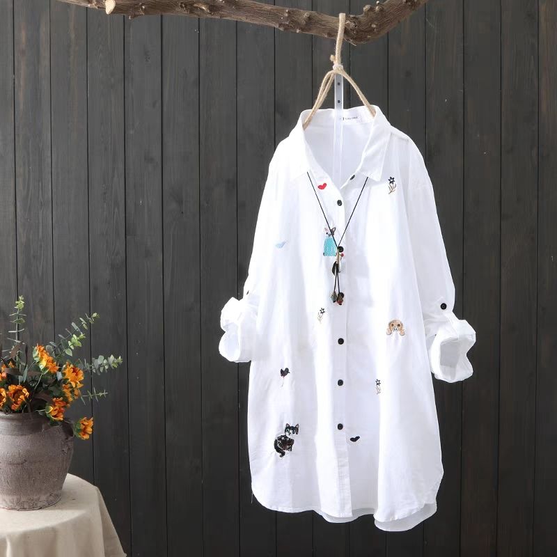 Plus size Cotton Embroidery women loose long white shirts casual ladies blouse - MERGE.DAY.1.FREESTYLE
