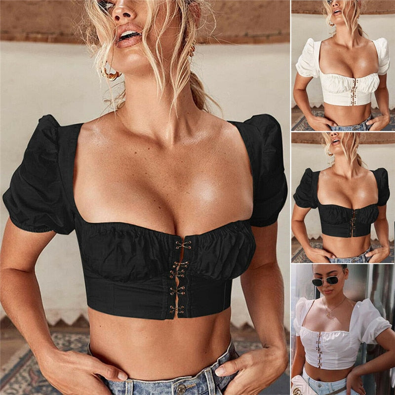 Women clothes Ladies Button Square Neck Tops Short Sleeve square collar pullover T-shirts - MERGE.DAY.1.FREESTYLE