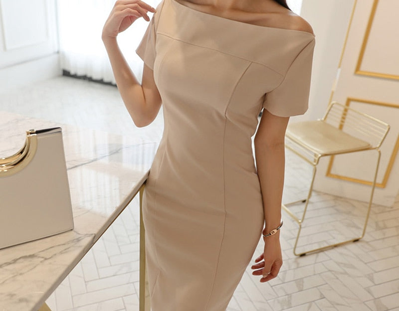 Brief Style Slash-neck Sleeveless Office Ladies Dress Elegant Midi Pencil Dresses - MERGE.DAY.1.FREESTYLE