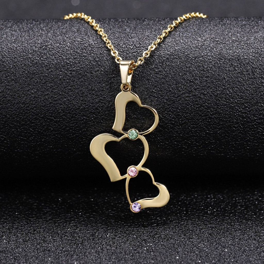 Personalized 3 Love Heart Hollow Design Birthstone Engrave Name Necklace Pendant - MERGE.DAY.1.FREESTYLE