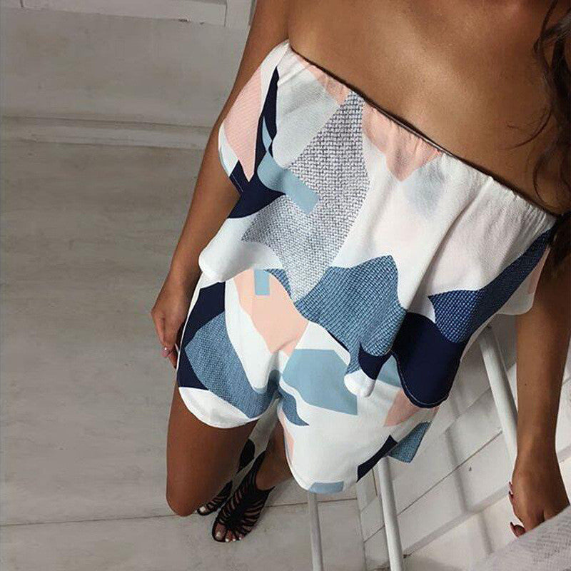 Floral Print Ruffles Strapless Rompers Summer Pleated Chest Wrapped Playsuits Womens Jumpsuit - MERGE.DAY.1.FREESTYLE