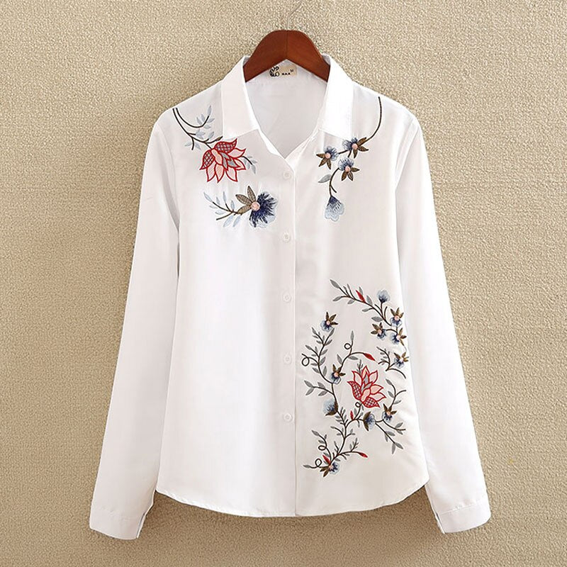 Floral Embroidered Blouse Shirt Women Slim White Tops Long Sleeve Blouses plus size - MERGE.DAY.1.FREESTYLE