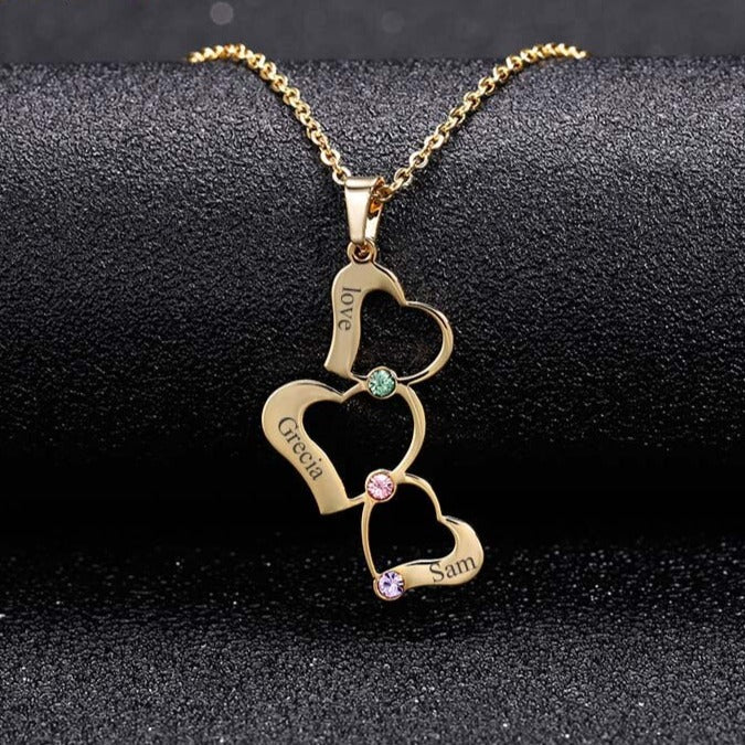 Personalized 3 Love Heart Hollow Design Birthstone Engrave Name Necklace Pendant - MERGE.DAY.1.FREESTYLE