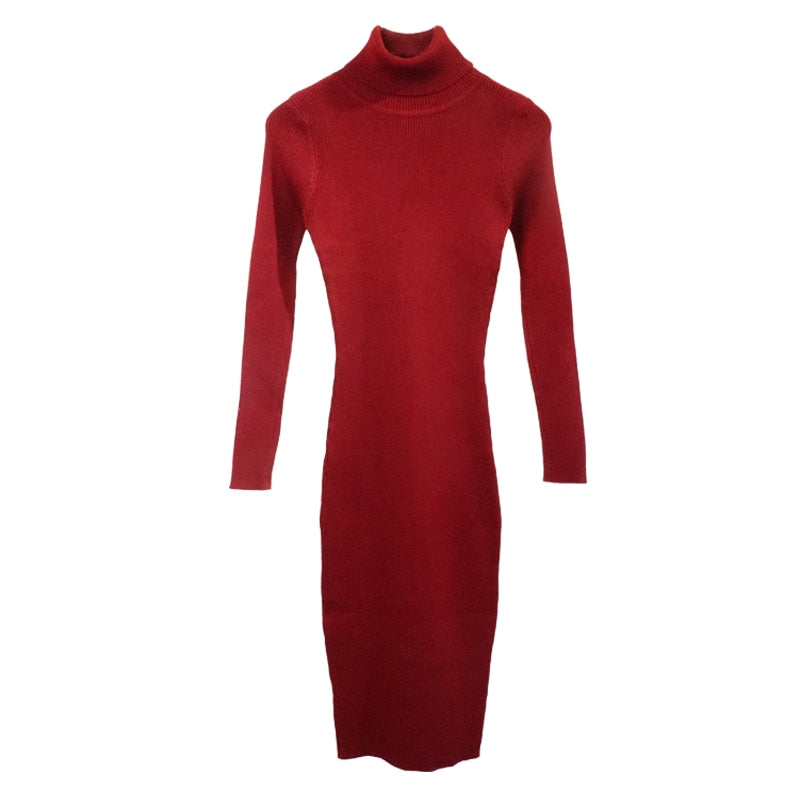 Women Knitted Dress Turtleneck Sweater Dresses Bodycon Long Sleeve Bottoming Dress Vestidos - MERGE.DAY.1.FREESTYLE