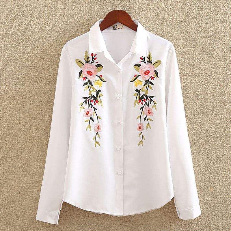 Floral Embroidered Blouse Shirt Women Slim White Tops Long Sleeve Blouses plus size - MERGE.DAY.1.FREESTYLE