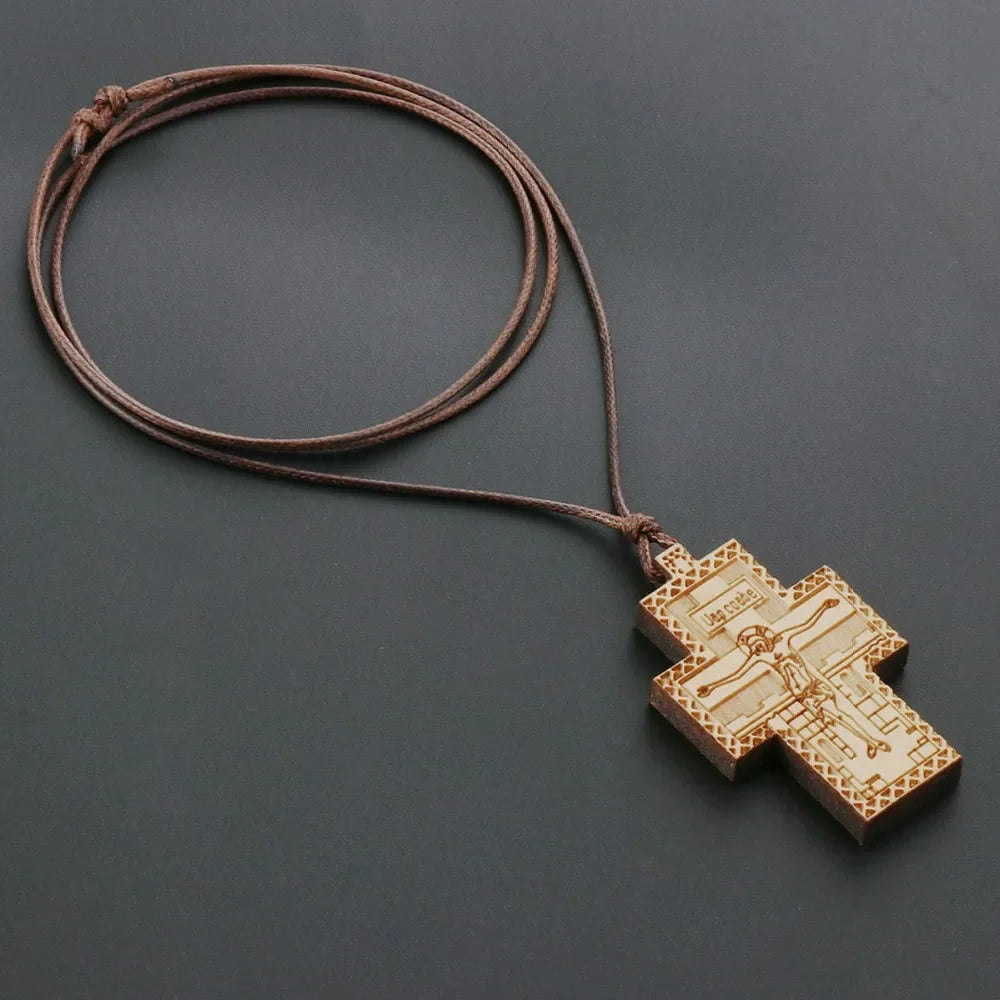 Handmade Rope Chain Necklace Wood Orthodox Cross Pendant Necklace - MERGE.DAY.1.FREESTYLE