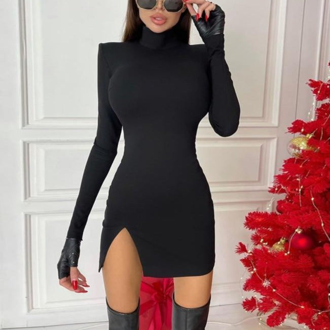 Women Spring Autumn Long Sleeve Bodycon Soild Color Black Slim Package Hip Mini Dress - MERGE.DAY.1.FREESTYLE