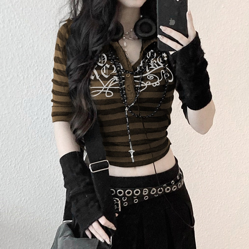 Goth Print Tops Stripe Cute T-Shirts Dark Academia Techwear Button Up V Neck Half Sleeve Sweat Shirts - MERGE.DAY.1.FREESTYLE