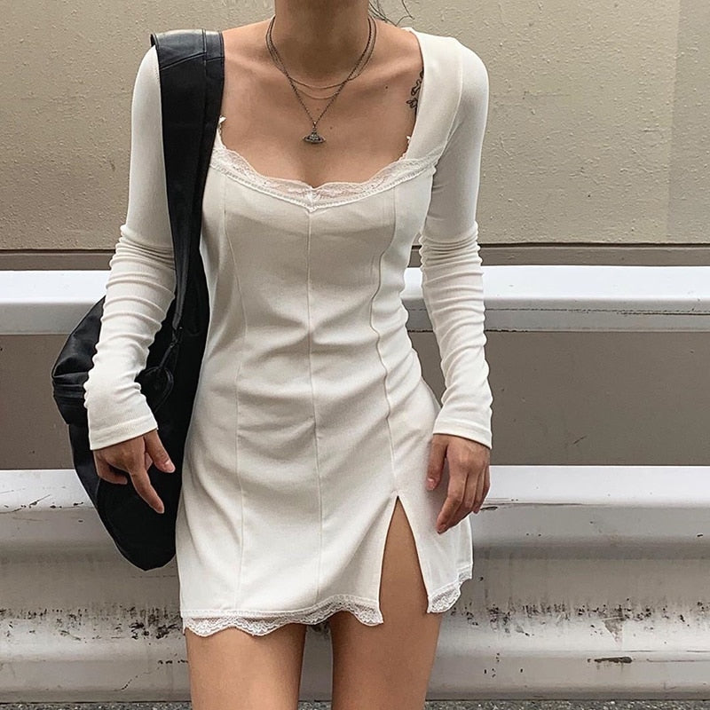 Square Neck Lace Patchwork Bodycon Black Dress Women Cotton Side Split Autumn Dress - MERGE.DAY.1.FREESTYLE