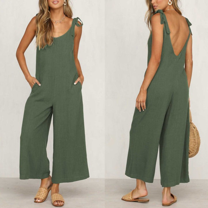 Women Sleeveless Rompers Loose Jumpsuit O Neck Casual Backless Overalls Trousers Wide Leg Pants - MERGE.DAY.1.FREESTYLE