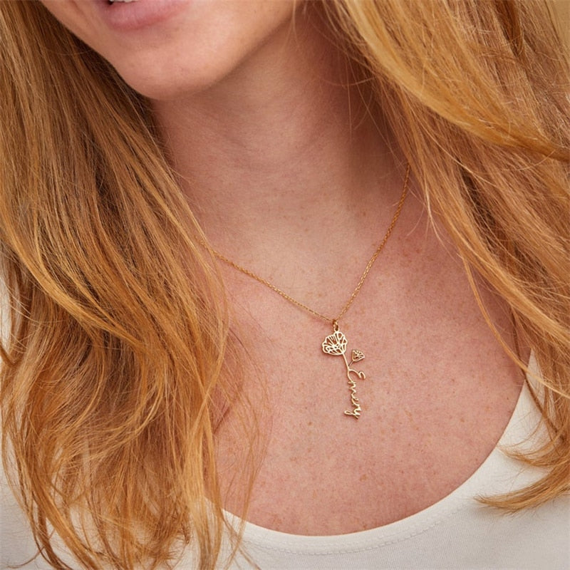 Custom Name Necklace Handwriting Style With Flower Personalized Name Jewelry - MERGE.DAY.1.FREESTYLE