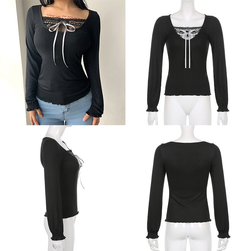 Patchwork Slim Tops Tee Long Sleeves Square Collar Retro Casual Tshirts - MERGE.DAY.1.FREESTYLE