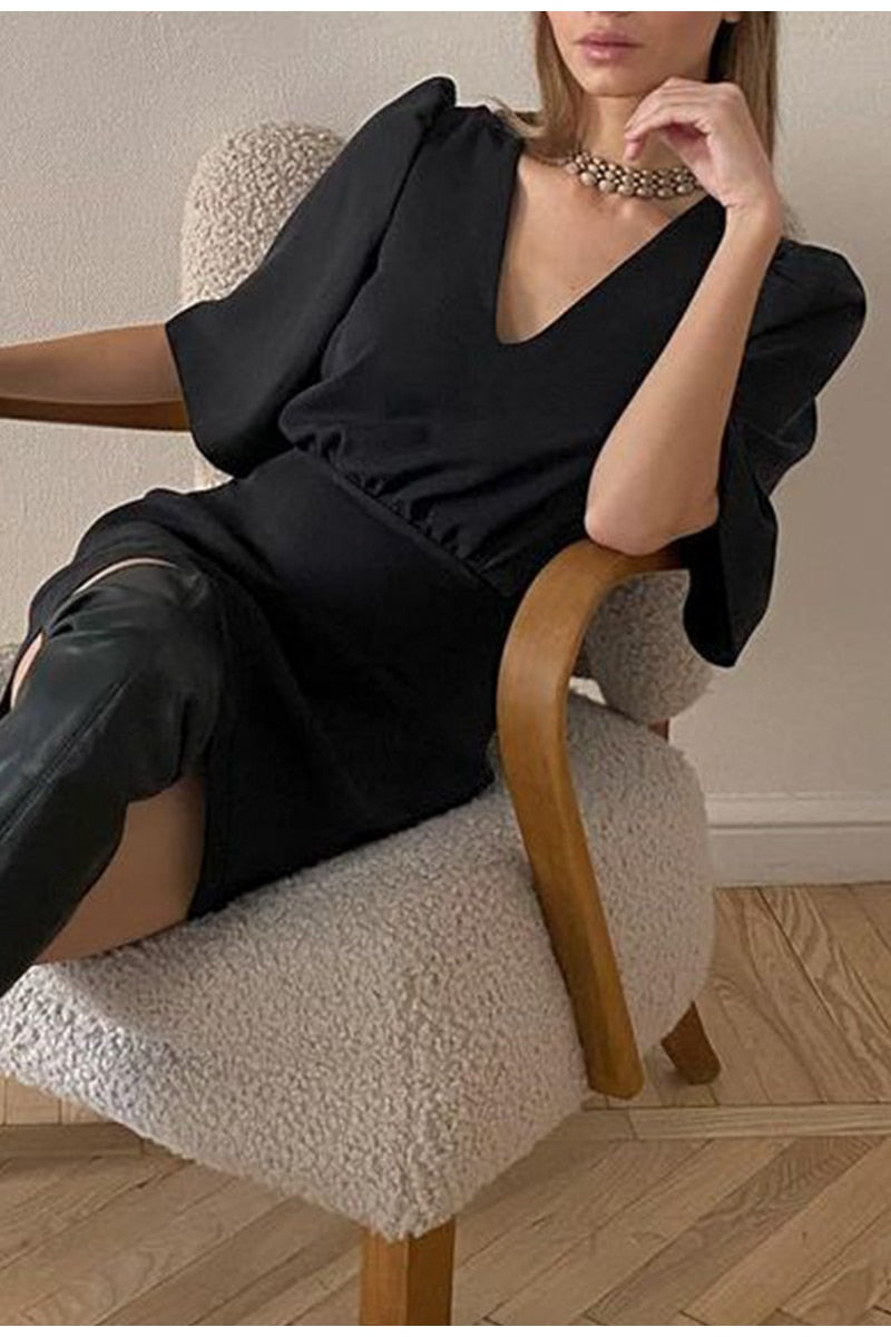 black short sleeve summer women dress 2022 Sexy V-neck solid High Street dress A-line mini Vestido - MERGE.DAY.1.FREESTYLE