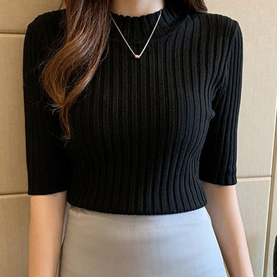 Knitted T Shirt Women Short Sleeve Basic Woman T-shirt Femme Elasticity Poleras - MERGE.DAY.1.FREESTYLE