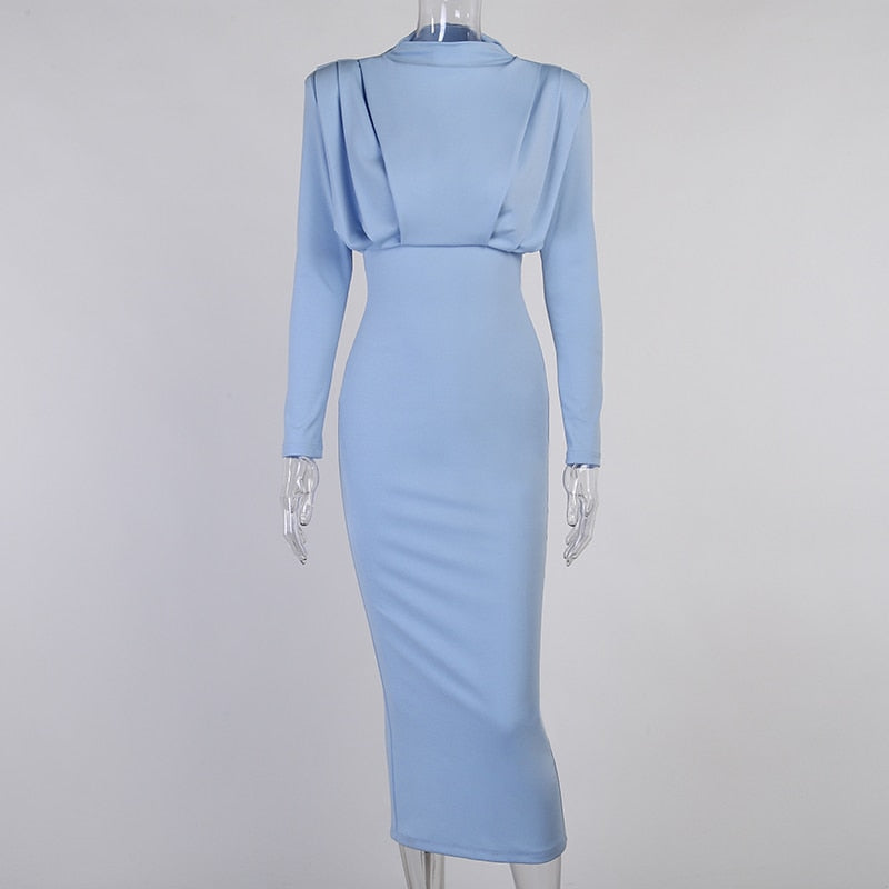Elegant Women Dress Stand Collar Slim Waist Solid Ankle Length Autumn Long Sleeve Dress - MERGE.DAY.1.FREESTYLE