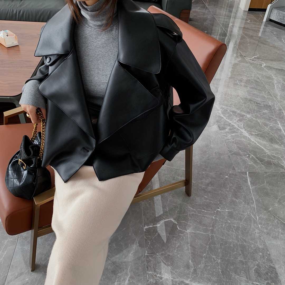 Women Pu Motorcycle Biker Faux Leather Jacket Turndown Collar Loose Punk Outerwear - MERGE.DAY.1.FREESTYLE