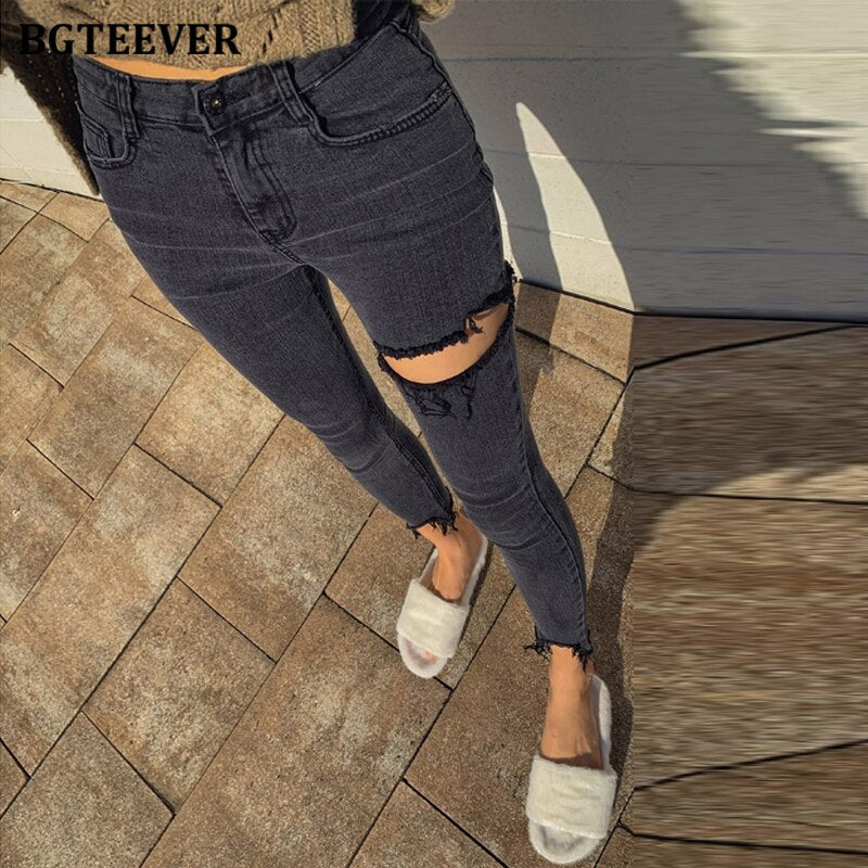 Irregular Ripped Holes Women Pencil Denim Jeans Stylish High Waist Stretched - MERGE.DAY.1.FREESTYLE