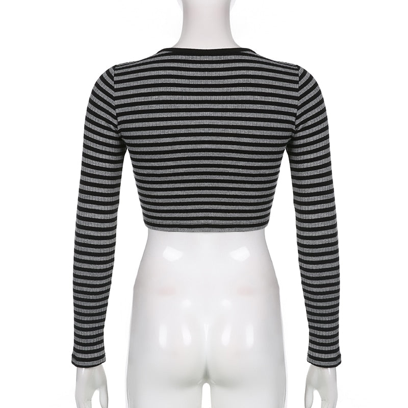 Goth Print Tops Stripe Cute T-Shirts Dark Academia Techwear Button Up V Neck Half Sleeve Sweat Shirts - MERGE.DAY.1.FREESTYLE