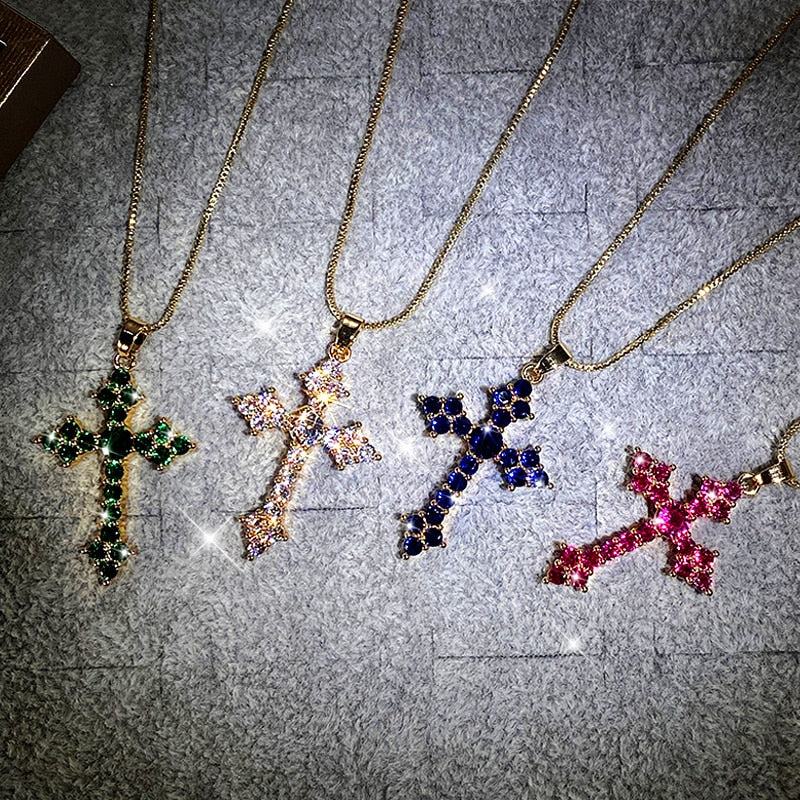Cross Necklace Fashion White/Rose Red/Green Blue for Women Shiny Stylish Party Accessories - MERGE.DAY.1.FREESTYLE