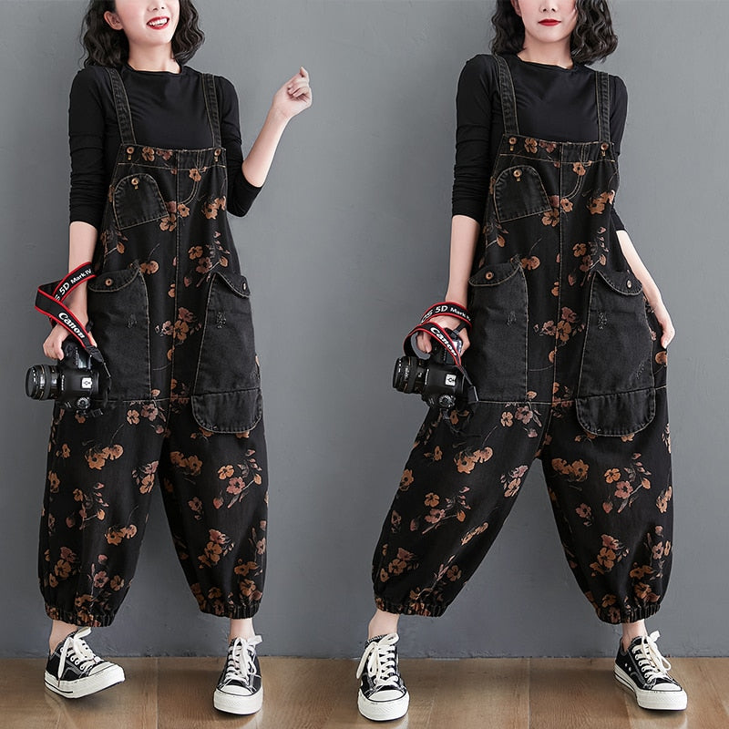 Loose Jeans Black Jumpsuit Casual Ladies Big Pockets Print Floral Denim Overalls Straps Rompers - MERGE.DAY.1.FREESTYLE