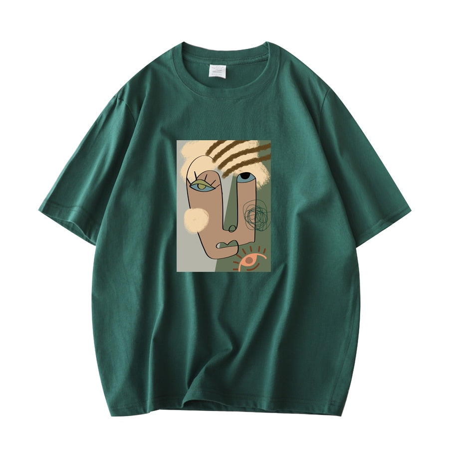 Abstract Pattern Tshirts Lady Cotton Green Summer Tees Lady Short Sleeve Streetwear Tops - MERGE.DAY.1.FREESTYLE