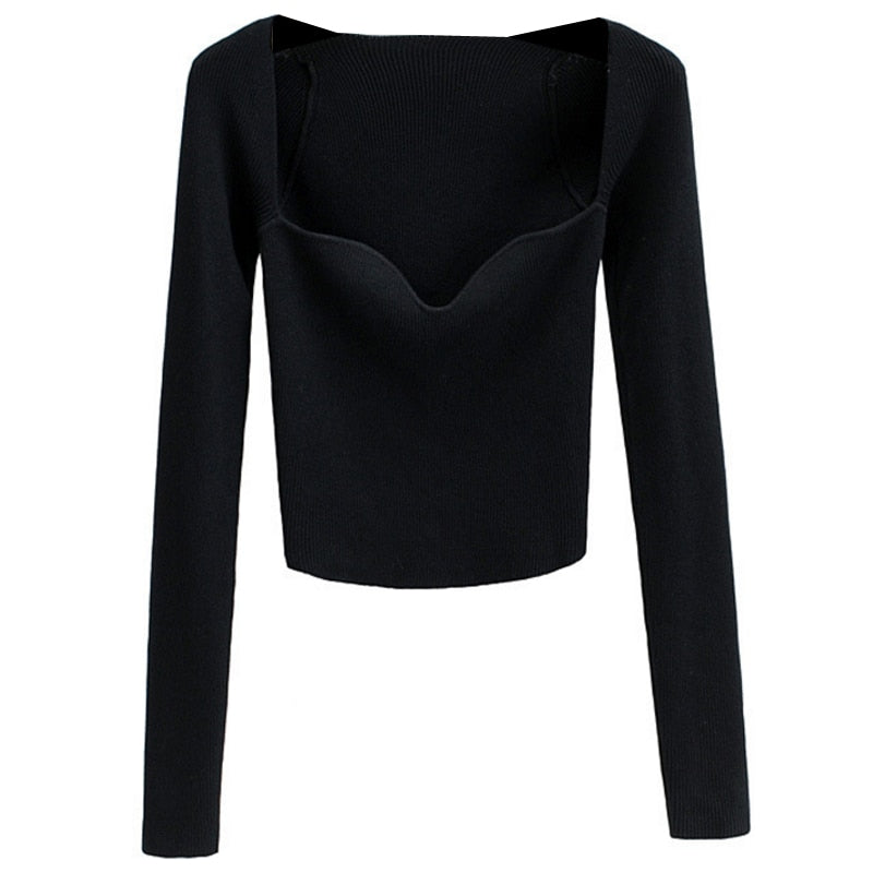 French Vintage Square Neck Knitted Tops Women Skinny Long Sleeve Pullover T-shirts Female - MERGE.DAY.1.FREESTYLE