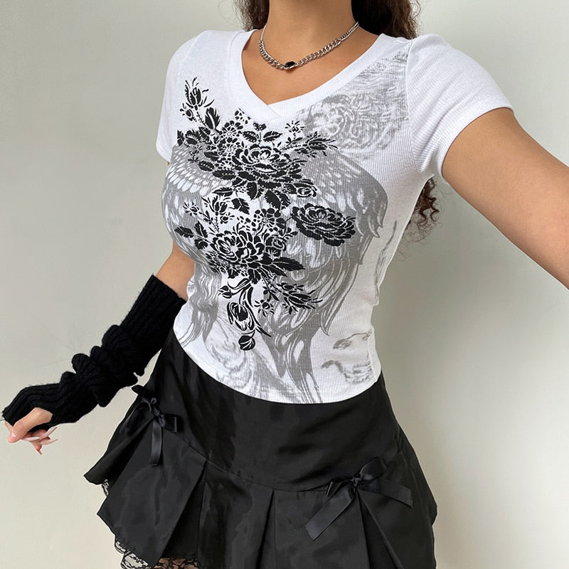Grunge Tshirts Fairycore Harajuku Graphic Print Gray Cute Casual Tshirts Streetwear Tops - MERGE.DAY.1.FREESTYLE
