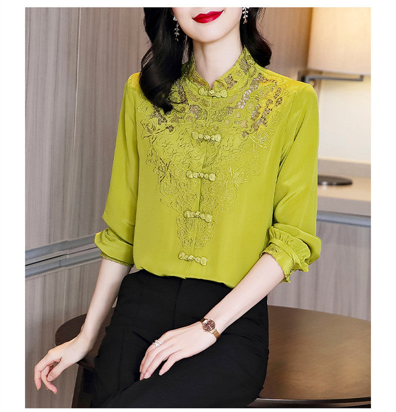 Embroidery Hollow Blouse Women Long Sleeve Imitation Silk Top Loose Vintage Shirt Plus Size - MERGE.DAY.1.FREESTYLE
