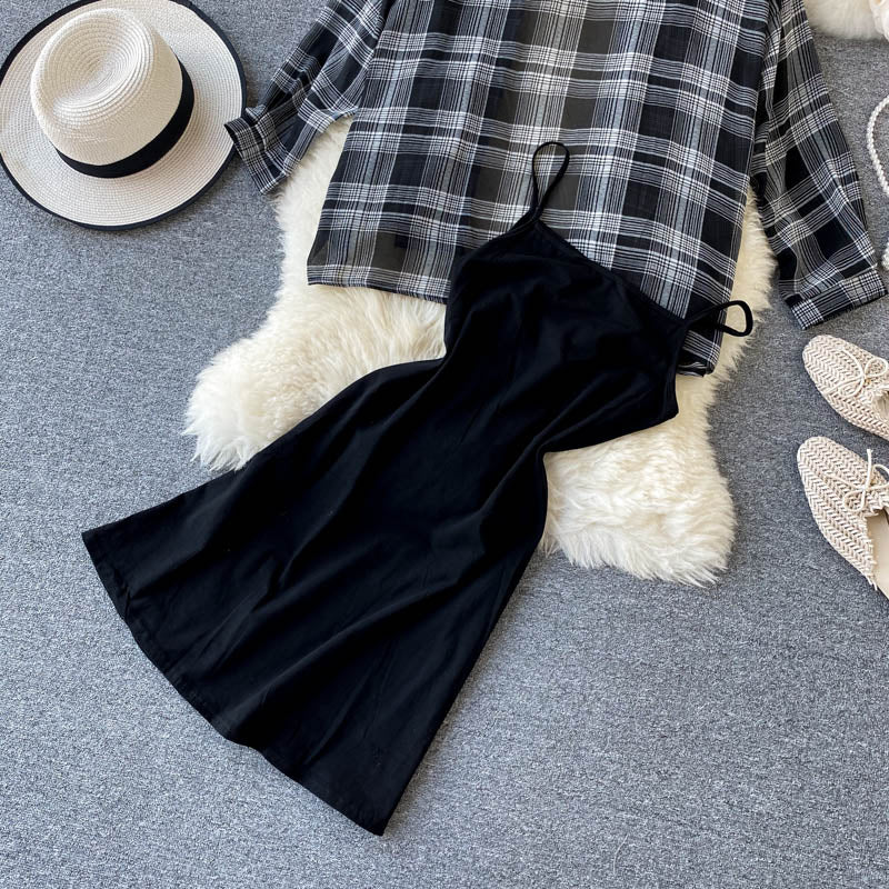 Two Piece Set Long Sleeve Plaid Grey Overcoats Spaghetti Strap Slim Dress - MERGE.DAY.1.FREESTYLE