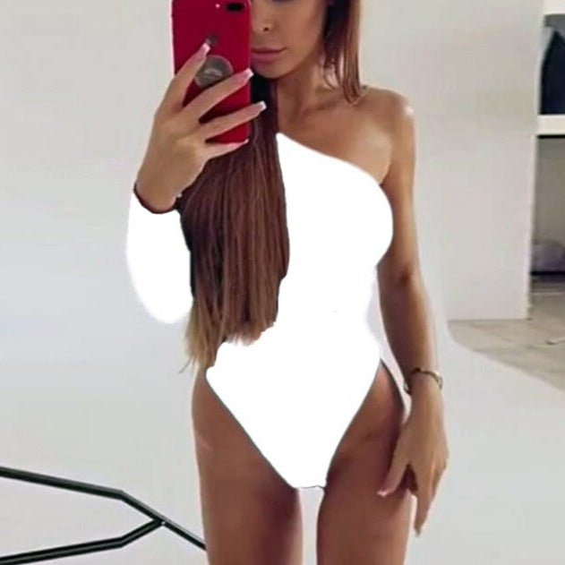 2022 One Shoulder Bodysuit Rib Knit Elegant Women Sexy Bodysuits Long Sleeve Skinny Bodysuit - MERGE.DAY.1.FREESTYLE