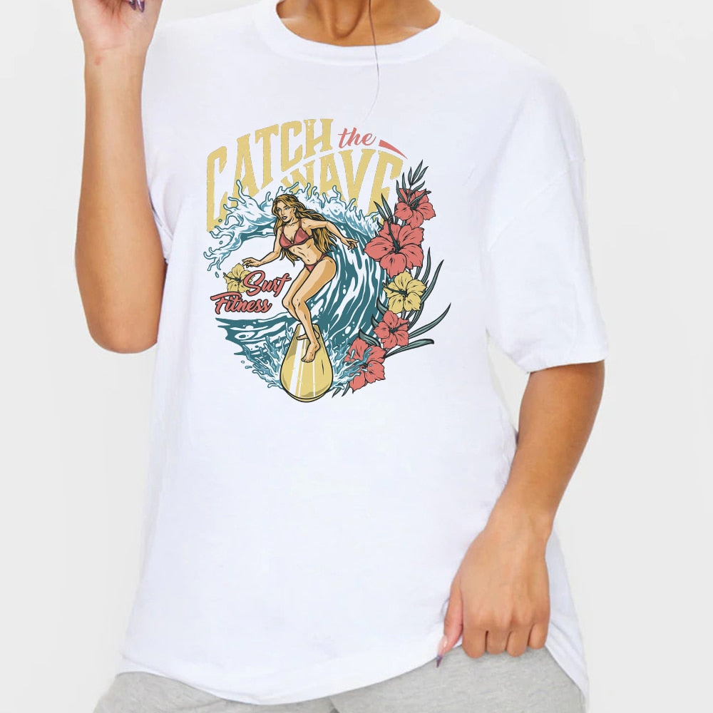 1pcs WHITE Tees Summer Casual Oversized Tee Best Surfing Santa Monica California Womens Retro Style - MERGE.DAY.1.FREESTYLE