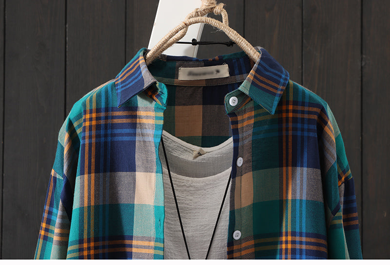100% Cotton Plaid Shirt Long Sleeve Button Up Casua Loose Blouse Plus Size - MERGE.DAY.1.FREESTYLE