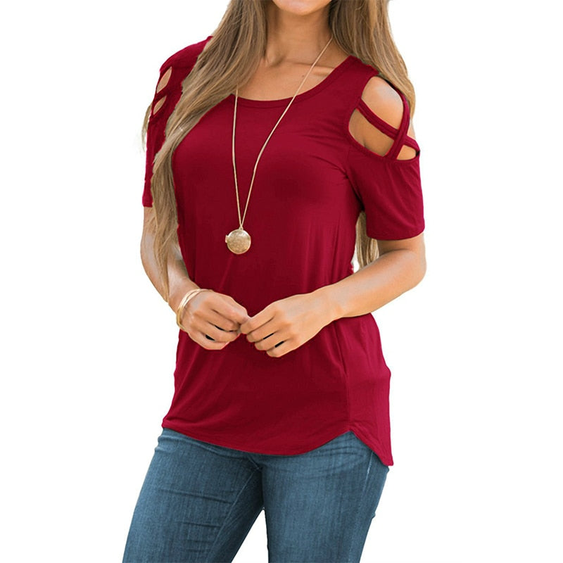 Solid Short Sleeve T-shirts Women Casual Off the Shoulder Tees Tops Female Basic Tshirts - MERGE.DAY.1.FREESTYLE