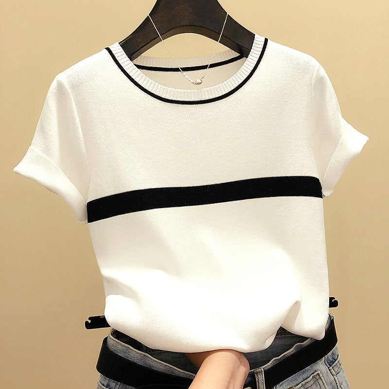 Thin Knitted T Shirt Women Short Sleeve Summer Tops Woman Clothes Striped Fashion T-Shirt - MERGE.DAY.1.FREESTYLE