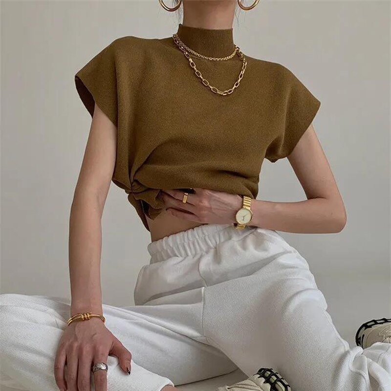 French Turtleneck Knitted Women Spring Summer Design Loose Short Sleeve Cropped Tops Female - MERGE.DAY.1.FREESTYLE