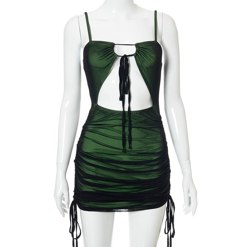 Women Mesh Bodycon Mini Green Dress Spaghetti Strap Lace Up Ruched Slim - MERGE.DAY.1.FREESTYLE