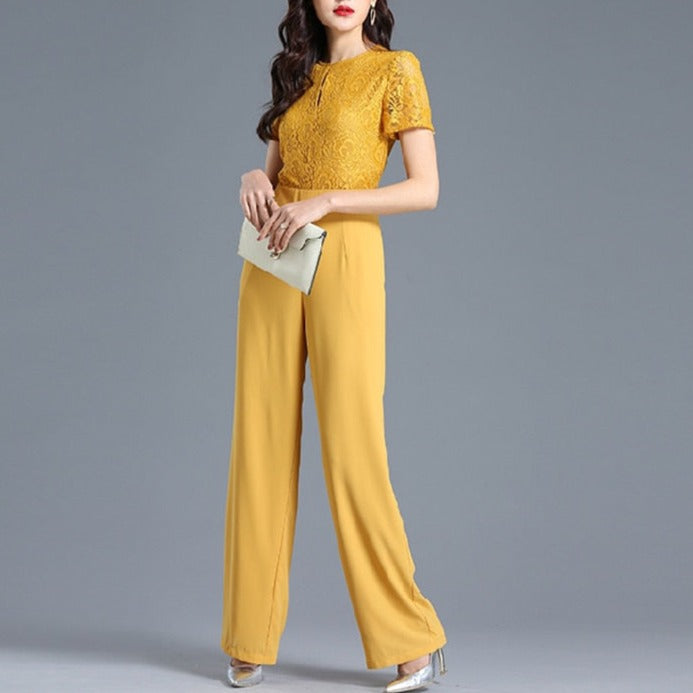 Lace Jumpsuit for Women 2022 Summer Short Sleeve Chiffon Wide Leg Rompers - MERGE.DAY.1.FREESTYLE