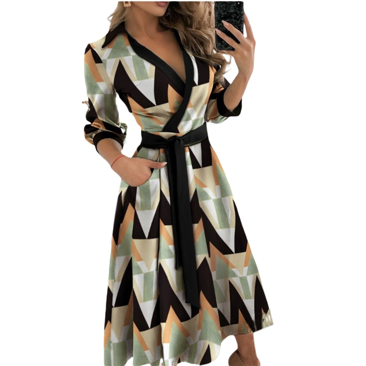 Spring Summer Lady Cover Up Women's Shirt Dress Wave Print Long Sleeve V-Neck Casual Dress Plus Size - MERGE.DAY.1.FREESTYLE