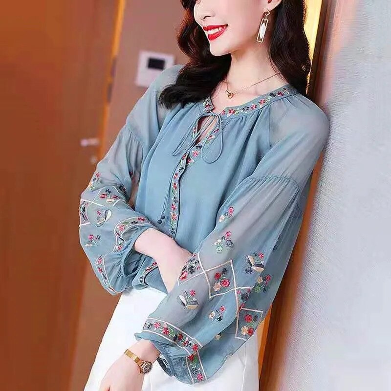 Chiffon Embroidery Blouse Long Lantern Sleeve Loose Top Casual Wear Oversize Casual Wear - MERGE.DAY.1.FREESTYLE