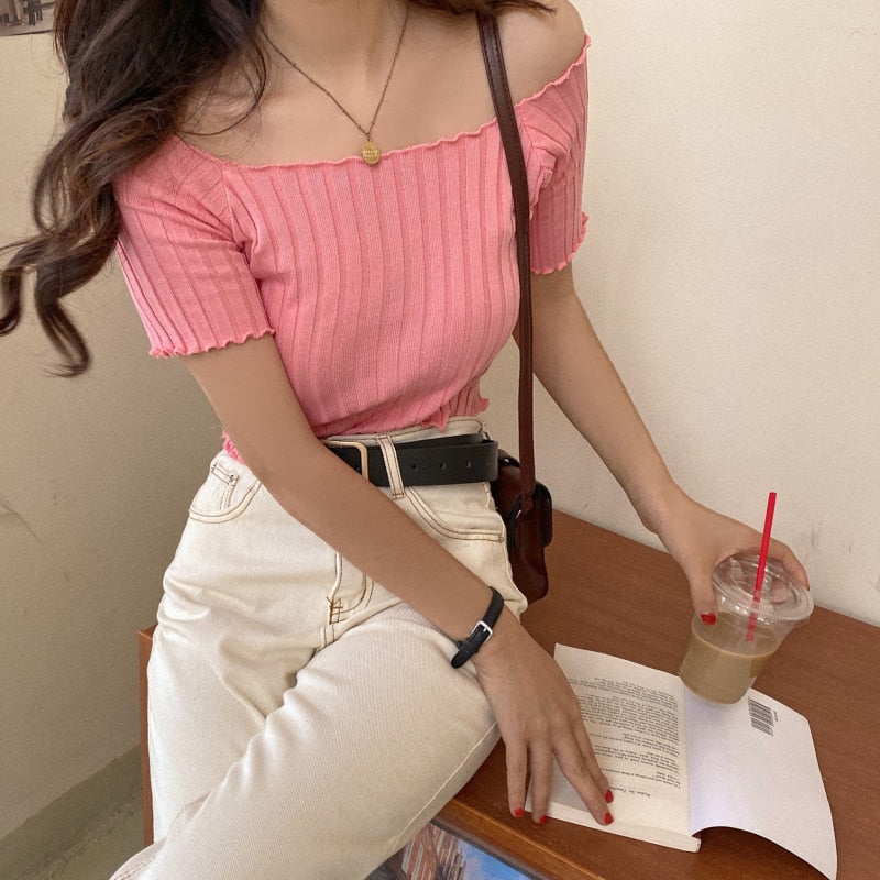 Women Off Shoulder T-shirts Knitted Ruffles Hem Crop Tops Short Sleeve T-shirts - MERGE.DAY.1.FREESTYLE