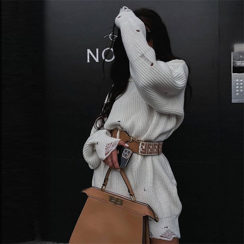 O Neck Oversized Mini Knitted Women Sweater Loose Dresses Autumn Winter Long Sleeve - MERGE.DAY.1.FREESTYLE