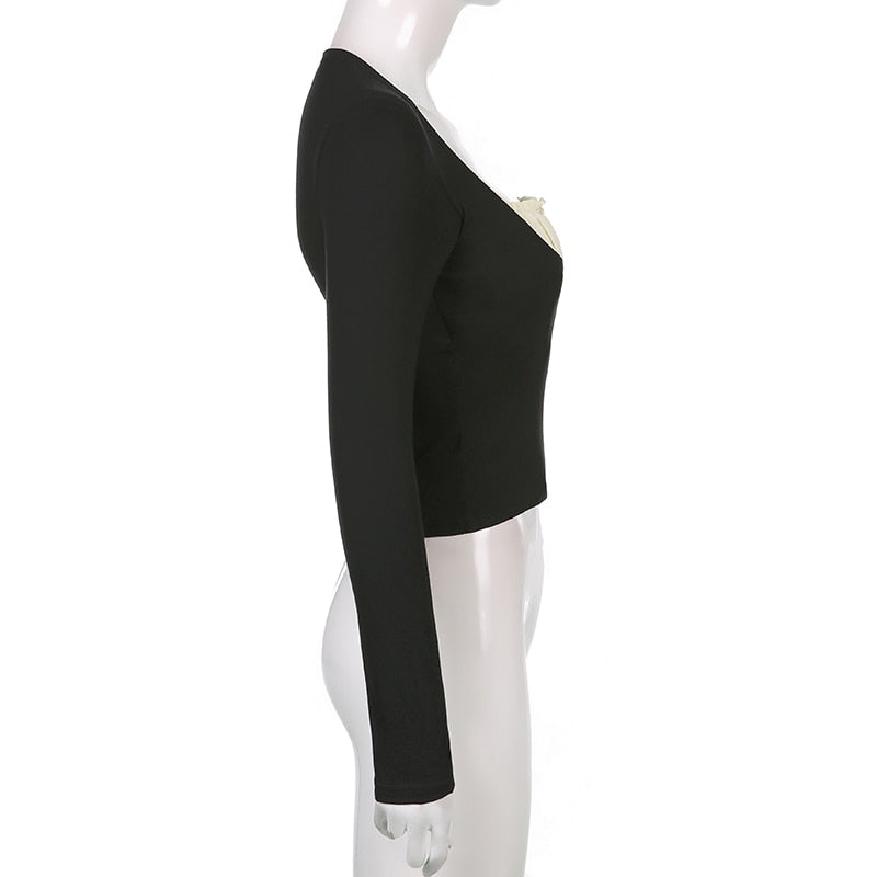 Patchwork Slim Tops Tee Long Sleeves Square Collar Retro Casual Tshirts - MERGE.DAY.1.FREESTYLE