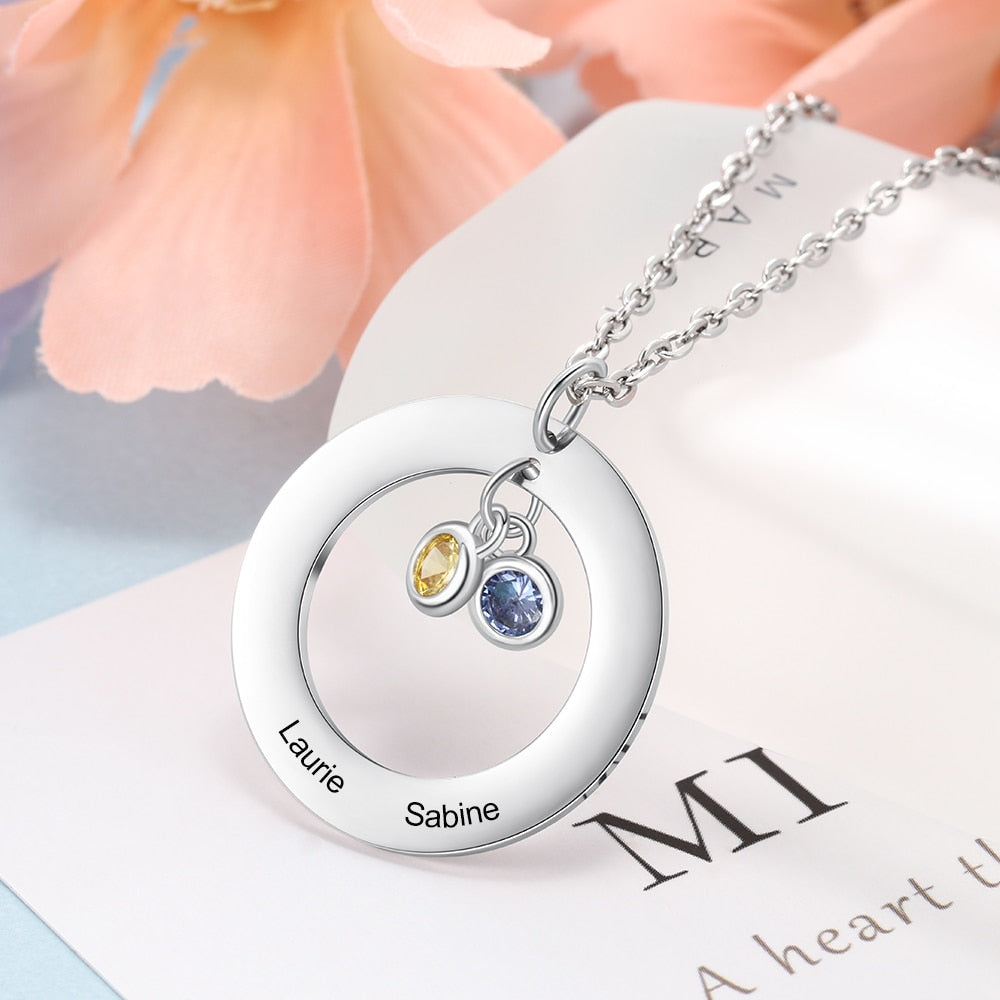 Circle Necklace with 1-3 Birthstones Custom Round Pendant Name Necklace - MERGE.DAY.1.FREESTYLE