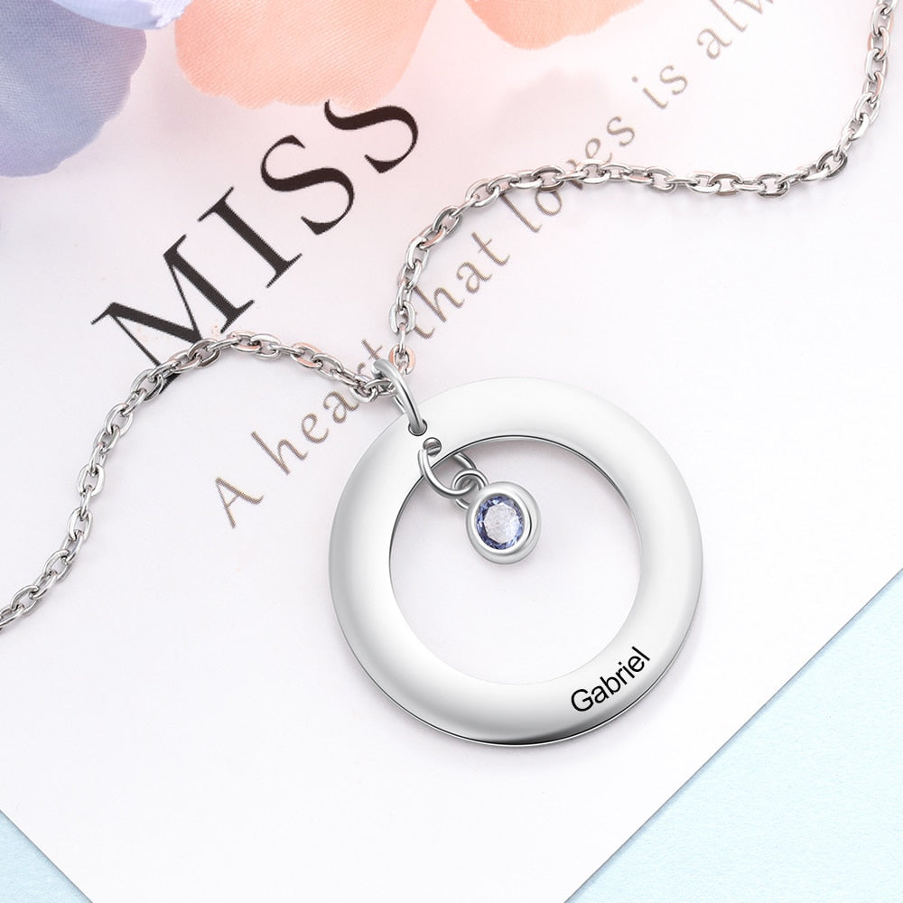 Circle Necklace with 1-3 Birthstones Custom Round Pendant Name Necklace - MERGE.DAY.1.FREESTYLE