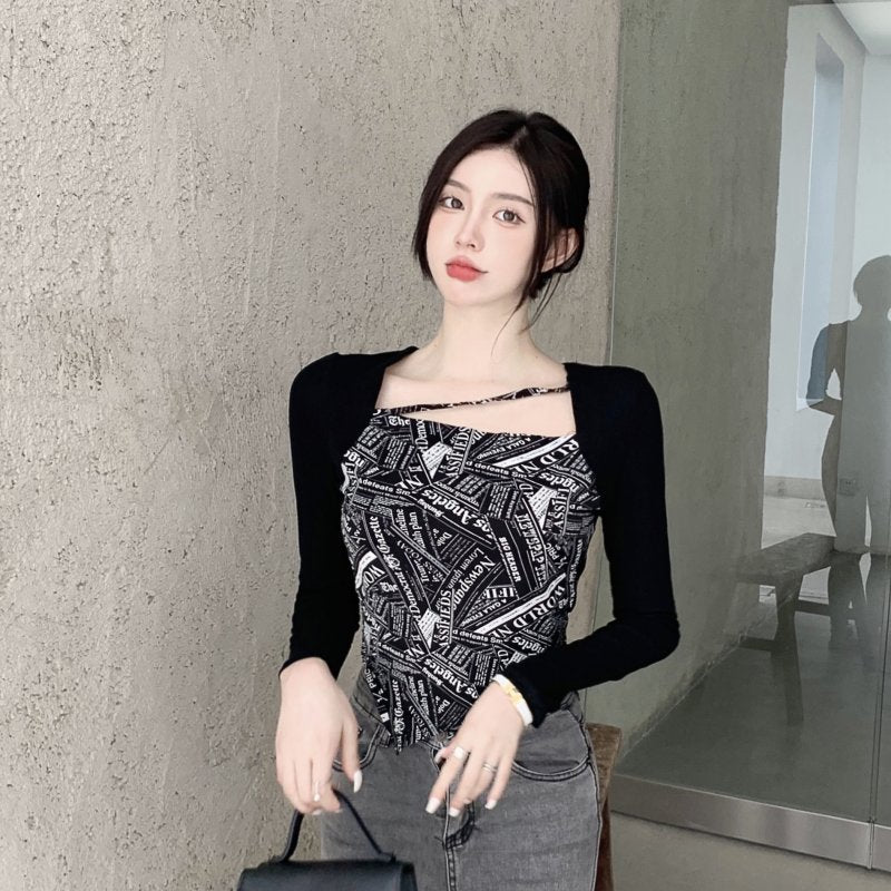 Letter Printed T-shirt Women Fake Two-piece Sexy Slim Long Sleeved Tops Female Cropped Tops - MERGE.DAY.1.FREESTYLE